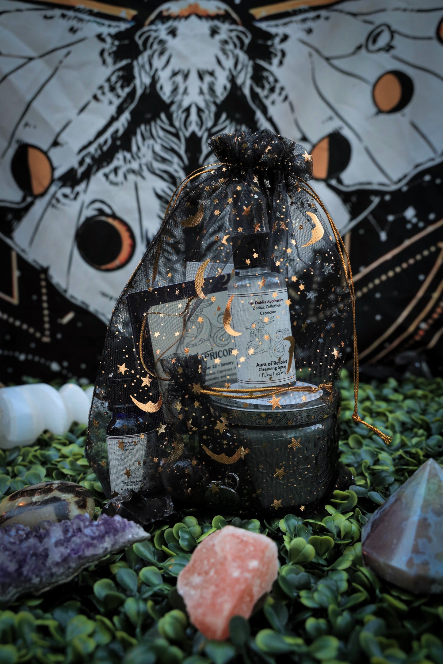 Capricorn Ritual Kit | Zodiac Self-Care Gift Set | Candle, Ritual Oil, Cleansing Spray, Smoky Quartz Crystal & Charm