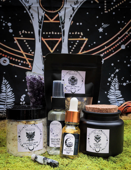Selene Ritual Kit with soy candle, bath tea, ritual oil, and cleansing spray for lunar rituals and divine feminine connection.