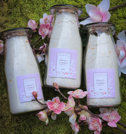 Queen’s Comfort Milk Bath – 4 oz Glass Bottle | Soothing Goat Milk & Botanicals - Iris Dahlia Apothecary