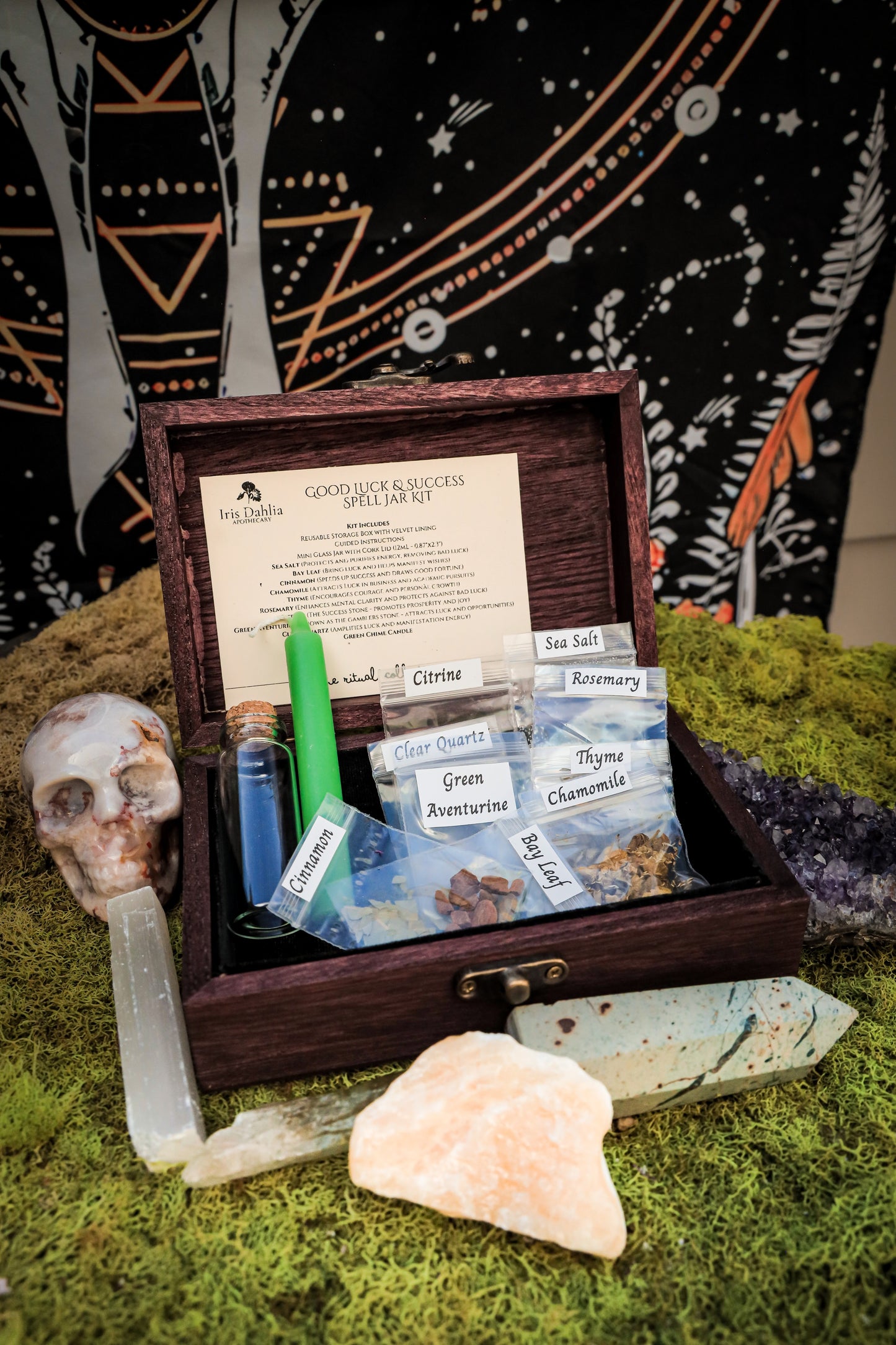DIY Spell Jar Kit with customizable ingredients for personalized witchcraft rituals and intention setting.