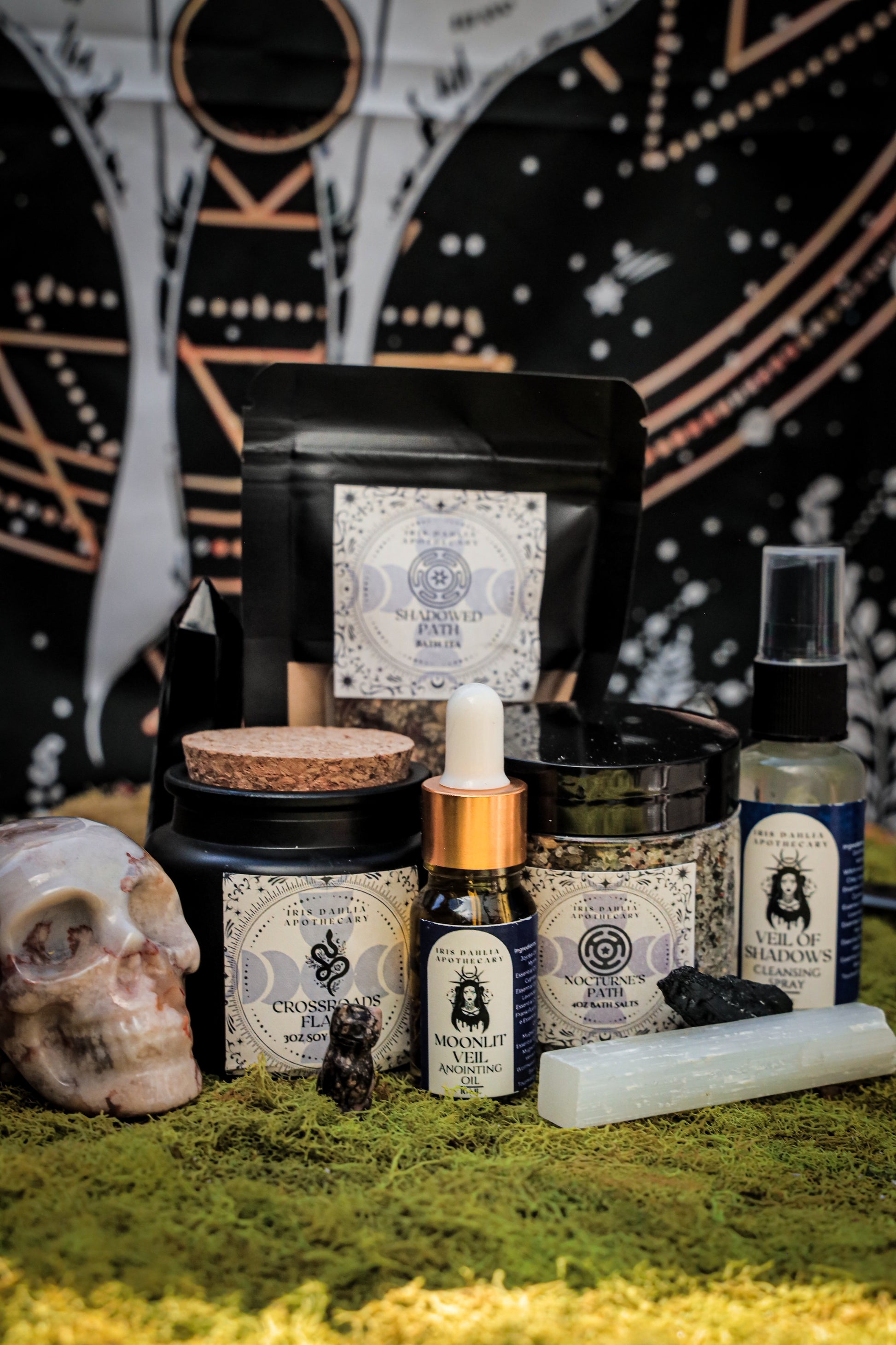 Hecate Ritual Set featuring soy candle, bath salts, ritual oil, and cleansing spray for shadow work and moon magic.