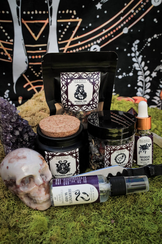 Lilith Ritual Kit with soy candle, bath tea, ritual oil, and cleansing spray for divine feminine empowerment and shadow work.