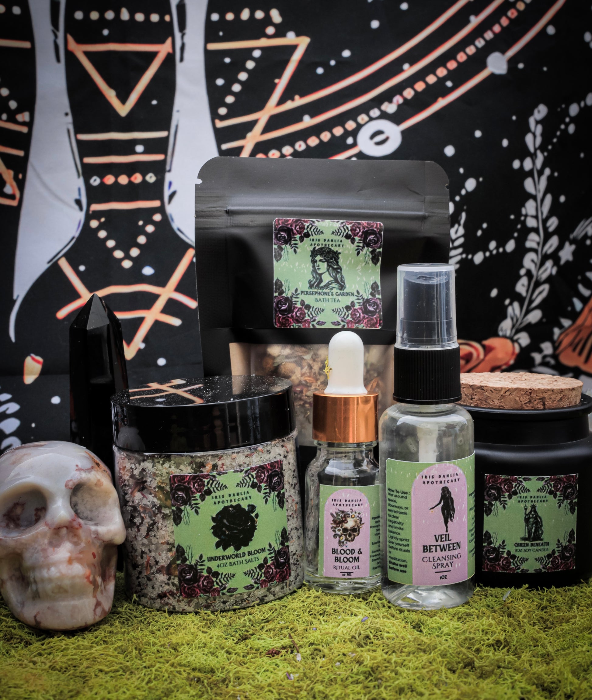 Persephone Ritual Set featuring soy candle, bath salts, ritual oil, and cleansing spray symbolizing rebirth and seasonal transitions.