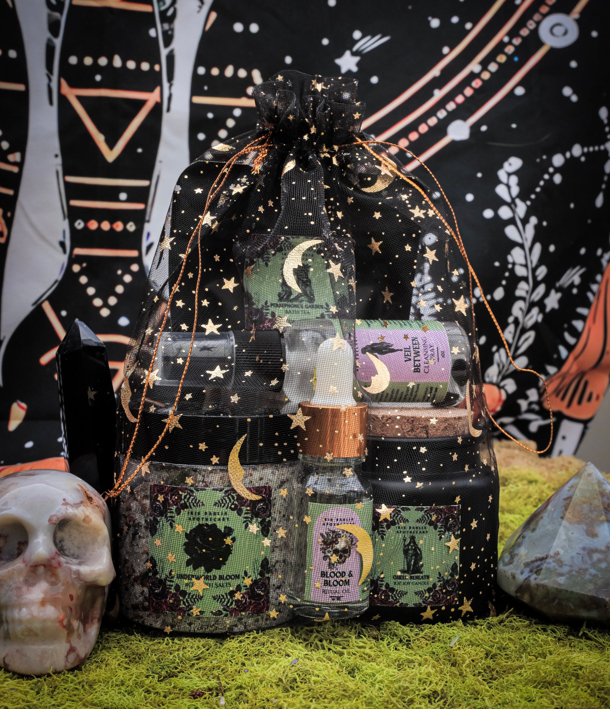 Persephone Ritual Set featuring soy candle, bath salts, ritual oil, and cleansing spray symbolizing rebirth and seasonal transitions.