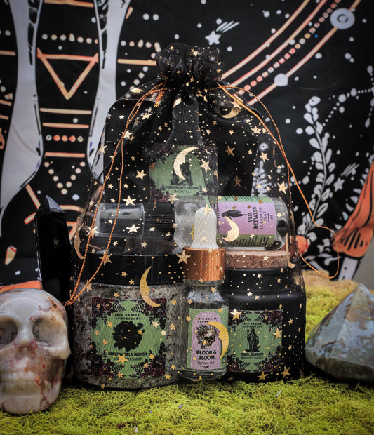 Persephone Ritual Set featuring soy candle, bath salts, ritual oil, and cleansing spray symbolizing rebirth and seasonal transitions.