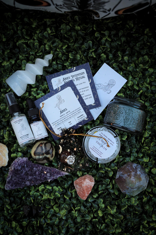 Aries Ritual Kit | Zodiac Self-Care Gift Set | Candle, Ritual Oil, Cleansing Spray, Carnelian Crystal & Charm