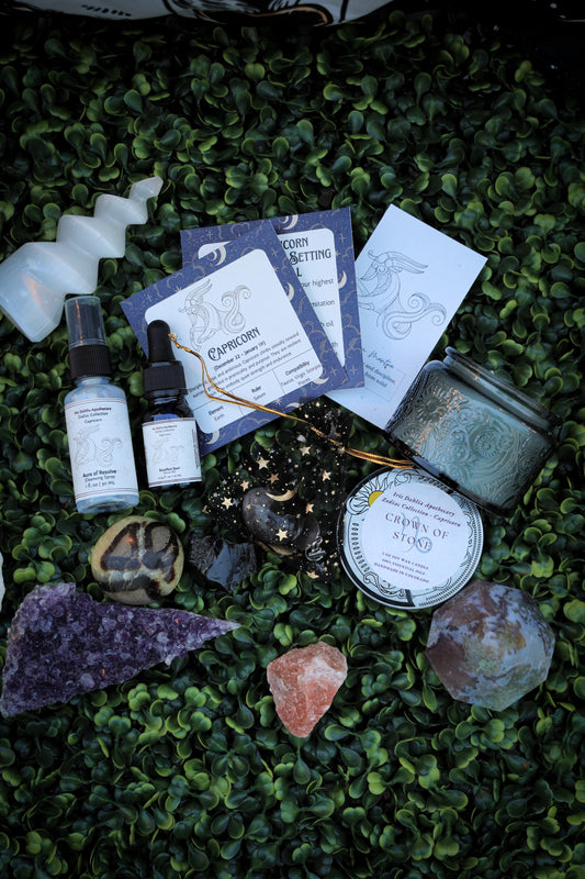 Capricorn Ritual Kit | Zodiac Self-Care Gift Set | Candle, Ritual Oil, Cleansing Spray, Smoky Quartz Crystal & Charm