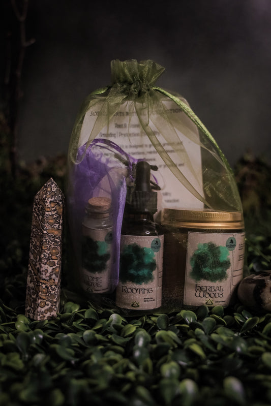 Earth Element Ritual Kit | Herbal Woods Candle, Ritual Oil & Moss Agate | Grounding, Stability & Protection