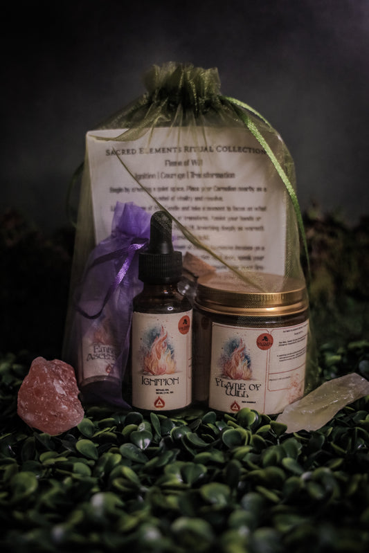 Fire Element Ritual Kit | Flame of Will Candle, Ritual Oil & Carnelian Crystal | Strength, Passion & Transformation