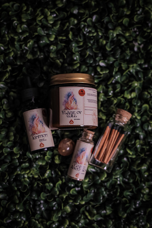 Fire Element Ritual Kit | Flame of Will Candle, Ritual Oil & Carnelian Crystal | Strength, Passion & Transformation