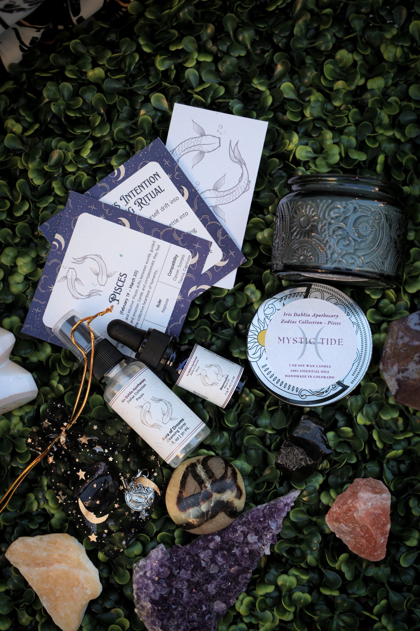 Pisces Ritual Kit | Zodiac Self-Care Gift Set | Candle, Ritual Oil, Cleansing Spray, Aquamarine Crystal & Charm