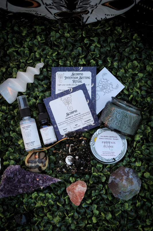 Scorpio Ritual Kit | Zodiac Self-Care Gift Set | Candle, Ritual Oil, Cleansing Spray, Obsidian Crystal & Charm