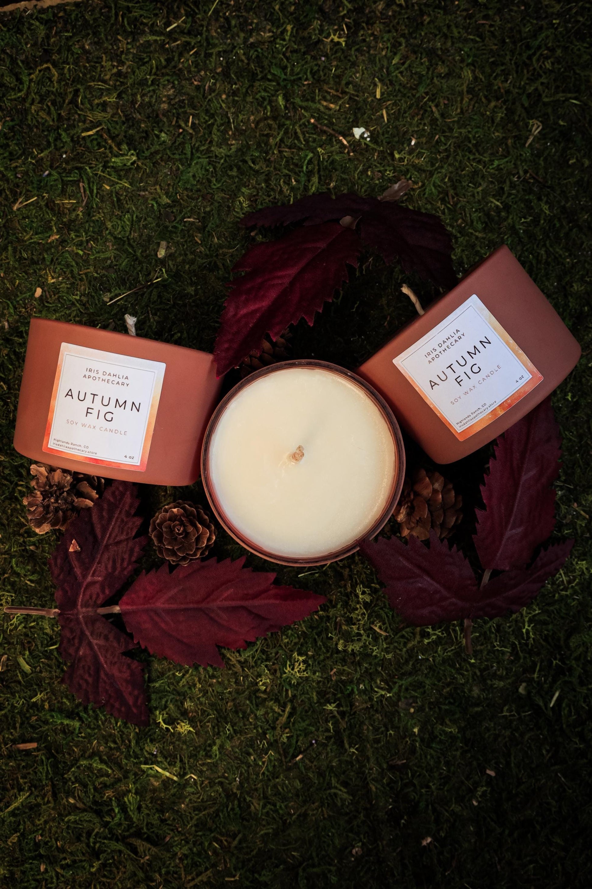 a candle sitting on top of a lush green field