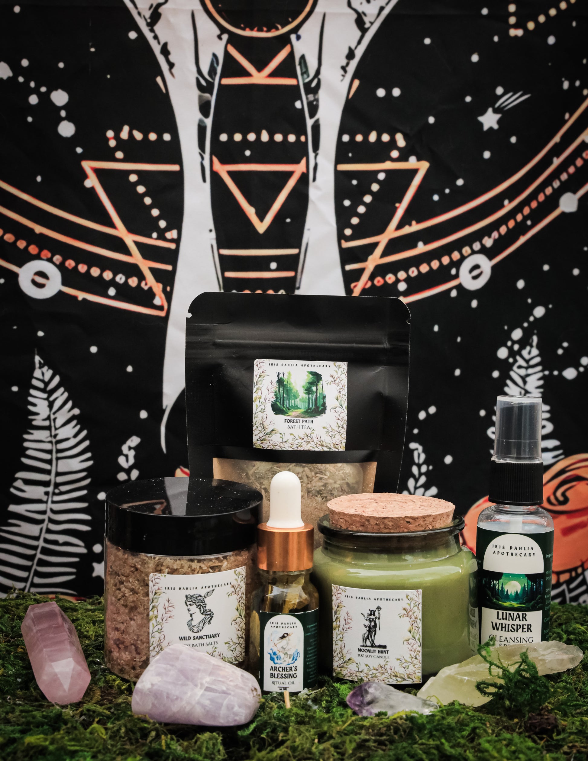 Artemis Ritual Kit including soy candle, bath salts, ritual oil, and cleansing spray to invoke the inner huntress and lunar energy.